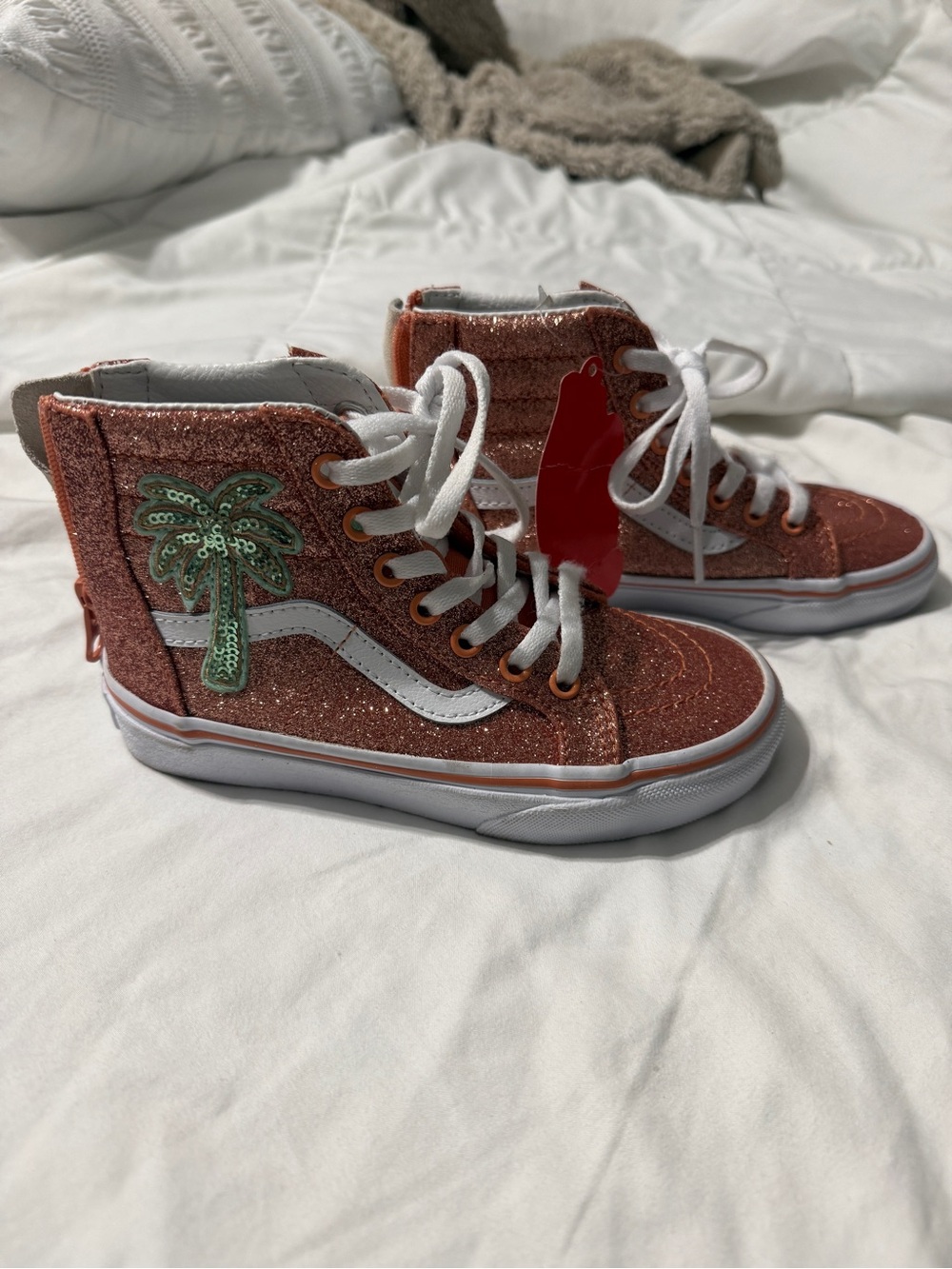 Vans Kids Glitter High-Top Sneakers in Rose Gold with Green Palm Patch